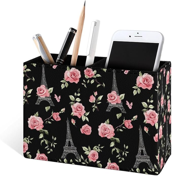 Famame White Line Eiffel Tower Rose Pencil Holder for Desk, Leather Desktop Container Pen Cup Storage Study Table Pen Organizer Makeup Brush Holder for Classroom Office Home