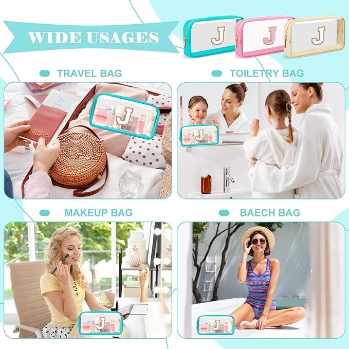 Personalized Initial Letter Clear Makeup Bag,Preppy Small Nylon&PVC Cosmetic Zipper Bag with Chenille Letter,Portable Beach Travel Skincare Toiletry Bag,Trendy Monogram Gift for Teen Girls Women,J