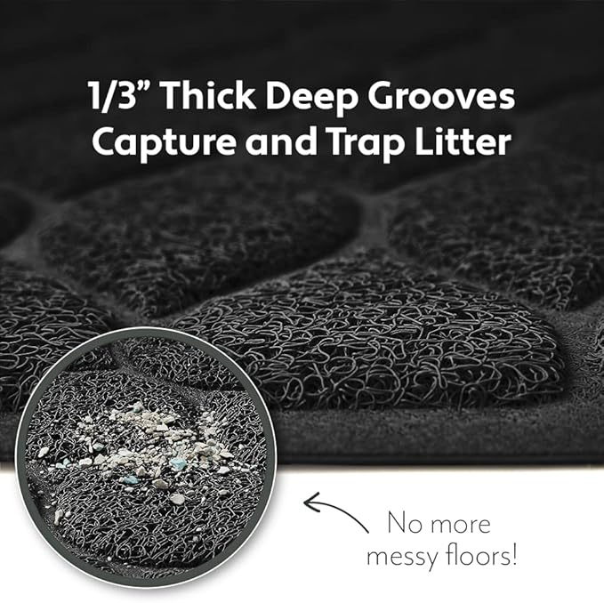 MIGHTY MONKEY Waterproof BPA Free Cat Litter Box Trapping Mat, Easy Clean Floors, Textured Backing, Soft on Sensitive Kitty Paws, Cats Accessories, Less Waste, Stays in Place, 24x17, Black