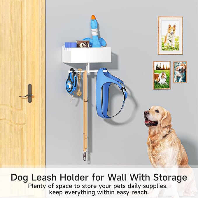 Dog Leash Holder for Wall, Dog Leash Hooks, Pet Stuff Organizer with Shelf Storage, Metal Key Holder, Leash Hangers Organizer Rack for Pet Collar, Toys, Treats, Poop Bag (White)