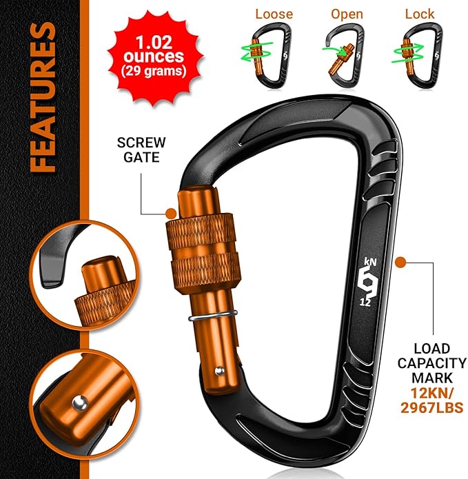 12kN (2697 lbs) Heavy Duty Carabiner Clips, for Securing Pets, Outdoor, Camping, Hiking, Hammock, Dog Leash Harness, Keychains