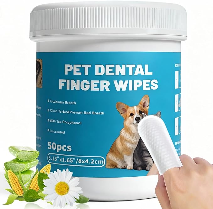 Falatong Pet Teeth Cleaning Finger Wipes for Cats and Dogs, Unscented Tartar Control with Tea Polyphenol, Fresh Breath, 50 Count