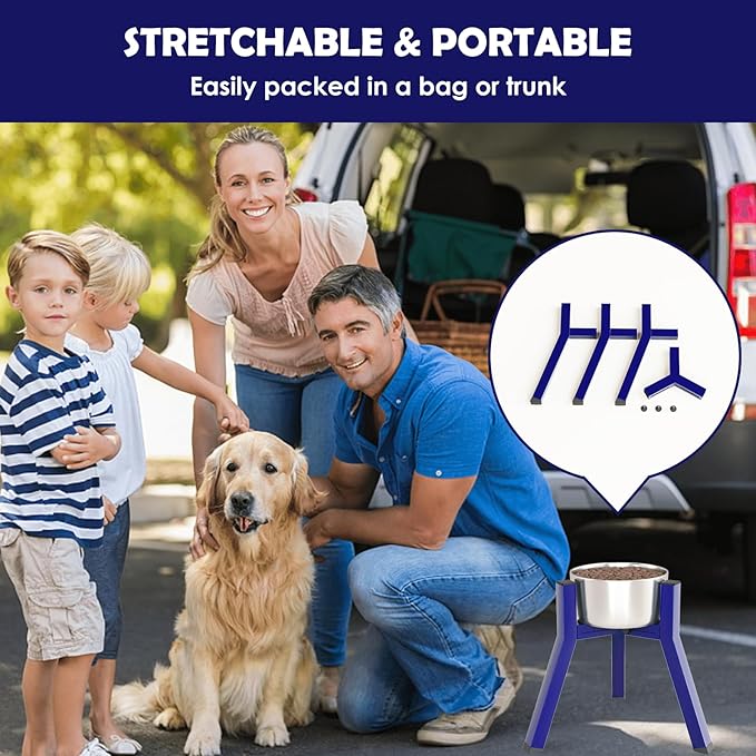 SHAINFUN Blue Raised Dog Bowl Stand, Adjustable Width Tall Elevated for 7-10.6" Bowls, Food Water Feeder, Metal Single Raised Holder, 11" Tall (Bowl Not Included)