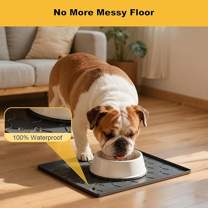 Pieviev Dog Cat Food Bowl Mat, Silicone Waterproof Food Grade Pet Food Mat for Floor, High Raised Edge to Prevent Spills, Non-Slip & Easy Clean Pet Placemat for Dog & Cat Bowls, 16''x12'', Dark Gray