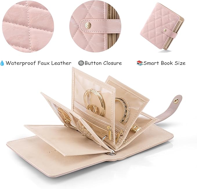 Vlando Small Jewelry Book Organizer - Leather Travel Jewelry Case with 5 Detachable Pages for Necklaces, Rings, Earrings, Tangle-Free, Giftable, Seashell Pink