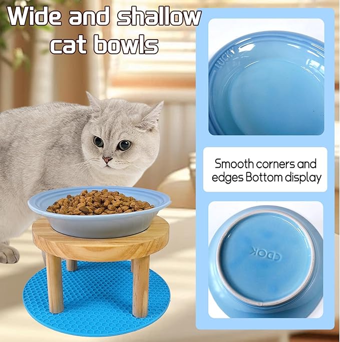 Elevated Cat Bowls Raised Ceramic Cat Dishes Adjustable Height Stand Whisker Fatigue Friendly Food Plates Feeding Station for Kittens Puppies Dog(Pink)(Blue)