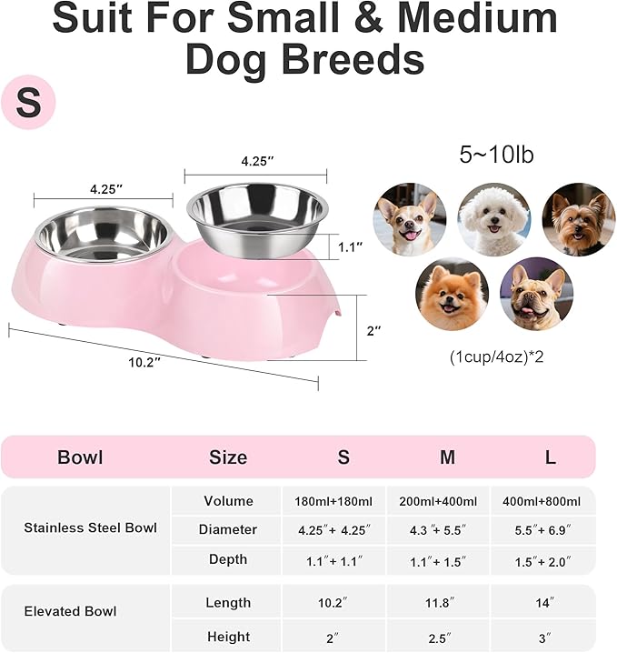 Petvillage Stainless Steel Dog Bowls Set – Dual Non-Slip Pet Dishes with 2 Small (4oz*2) Bowls & Durable Resin Stand,Food & Water Feeder for Kittens– Pink