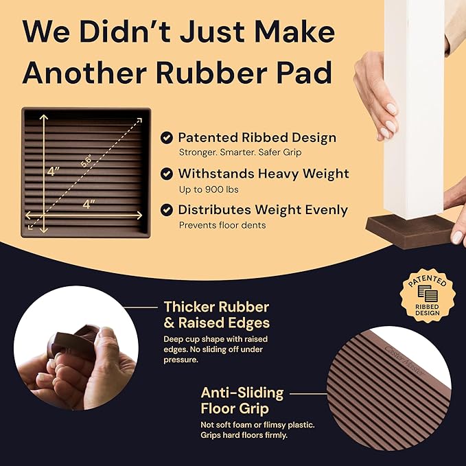CasterMaster Non-Slip Furniture Pads for Hardwood Floors - 4" x 4" Brown Pack of 4 - Anti-Skid Rubber Caster Cups - Table Leg Protectors & Rubber Feet for Chairs