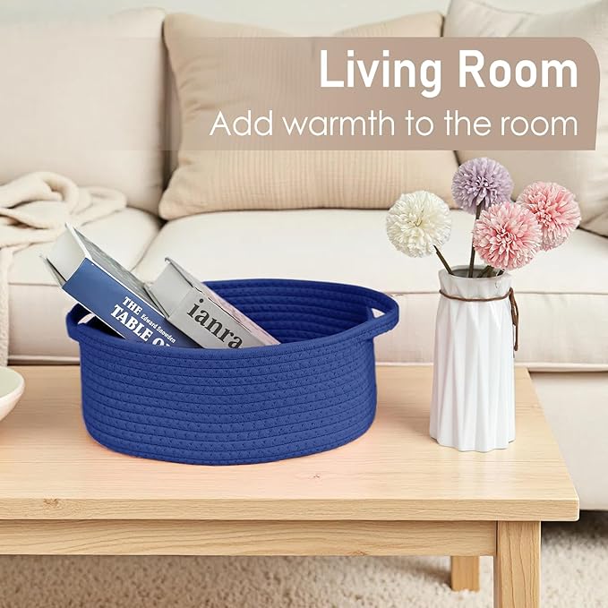 JMvicyroam Woven Basket,Small Rope Storage Bin with Handles & Ribbon Bag, Organizer for Shelves Closets,Gift Basket Empty for Birthday,Books,Dog Toys, Navy Blue/3 Pack
