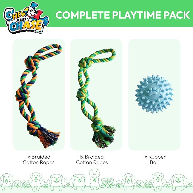 Dog Toys 3 Pack, Heavy-Duty Rope Dog Toys for Aggressive Chewers with Rubber Ball, Dog Toy Durable Chew and Tug Toys for Small, Medium and Large Dogs, Teeth Cleaning and Interactive Play Puppy Toy
