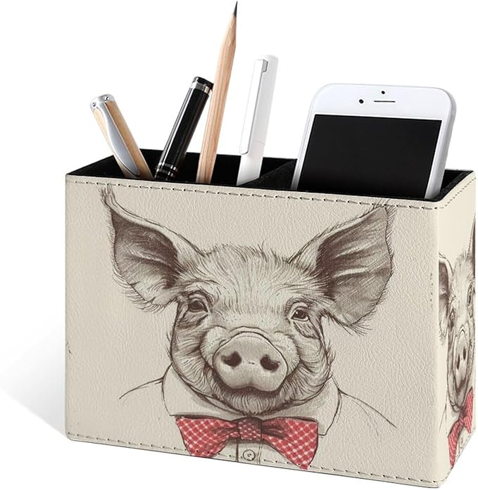 Famame Bow Tie Pig Portrait Pencil Holder for Desk, Leather Desktop Container Pen Cup Storage Study Table Pen Organizer Makeup Brush Holder for Classroom Office Home
