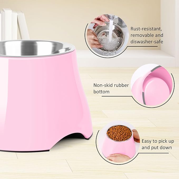 Dog Bowls,Cone Friendly Non Slip Single Dog Bowl with Stainless Steel Inner, Raised Bowls for Small Dogs Spaniel Dogs Long Ear, High Capacity, M/2 Cup Pink