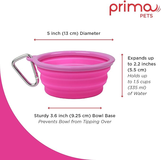 Prima Pet Expandable/Collapsible Silicone Food & Water Travel Bowl with Clip for Small & Medium Dog and Cat, Size: 1.5 Cups (5.1 Inch Diameter Bowl) (Pink)