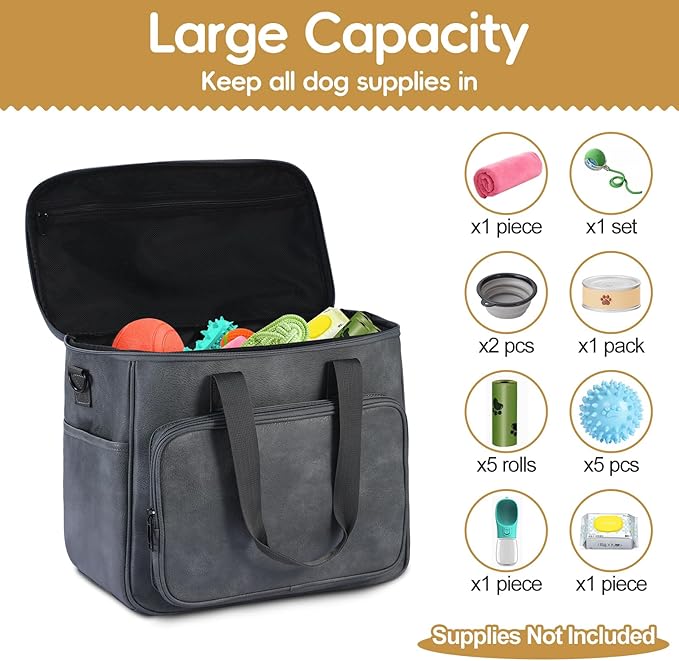 Lasaviin Dog Travel Bag, Leather Travel Pet Bag Set for Dog and Cat, Airline Approved Tote Organizer with Multi-Function Pockets, 2 Food Storage Containers, 2 Collapsible Bowls