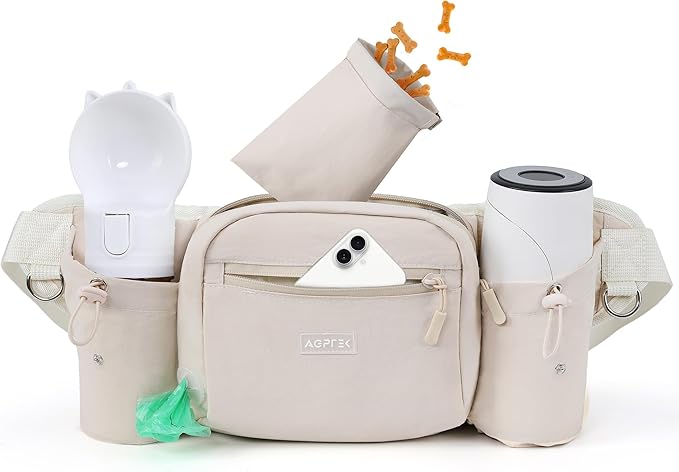 AGPTEK Dog Walking Fanny Pack, Large Capacity Dog Training Treat Pouch, Waist Bag with Removable Snack Pouch, Water Holder, Poop Bag Dispenser, Waterproof Zipper, Adjustable Strap, Beige