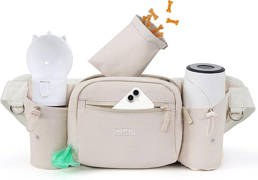 AGPTEK Dog Walking Fanny Pack, Large Capacity Dog Training Treat Pouch, Waist Bag with Removable Snack Pouch, Water Holder, Poop Bag Dispenser, Waterproof Zipper, Adjustable Strap, Beige