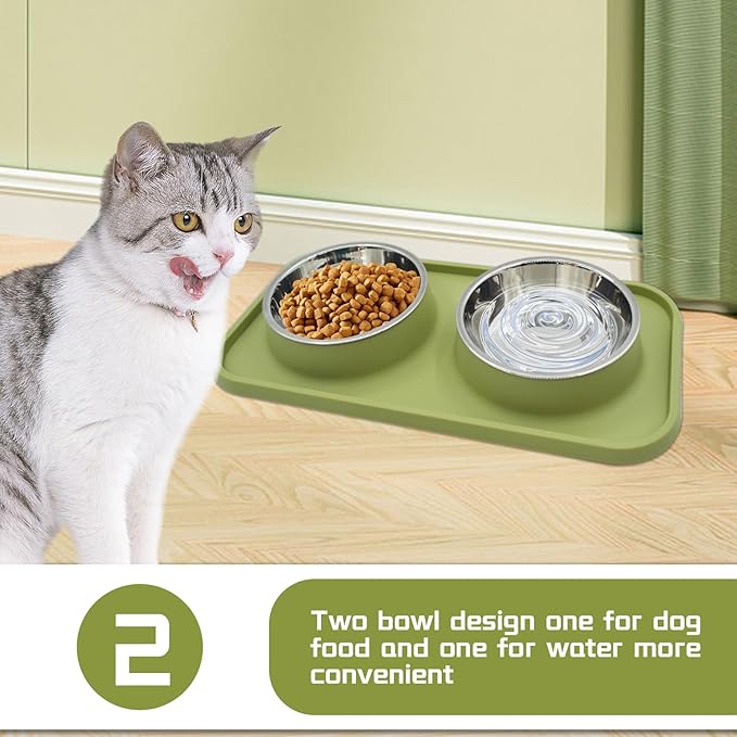 MUYG Double Dog Food Bowls Stainless Steel with No Spill Non Skid Silicone Mat Removable Dog Water and Food Bowls Set Durable Feeding for Small Dogs Puppy Cat Kitten(Green)