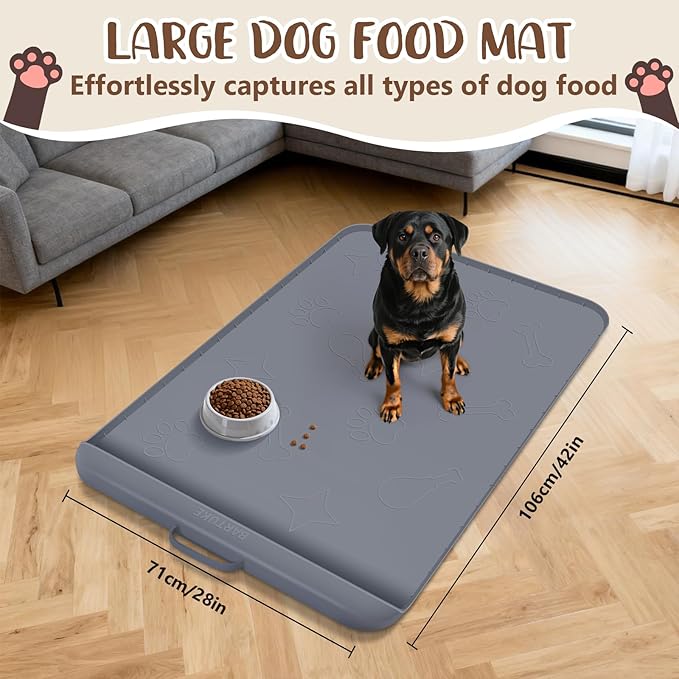 Dog Food Mat with Collection Pocket, 42''x28'' Extra Large Silicone Pet Feeding Mat for Food and Water, Waterproof Anti-Slip Dog Mat with Edge and Handle, Pet Placement for Floor (Dark Grey)