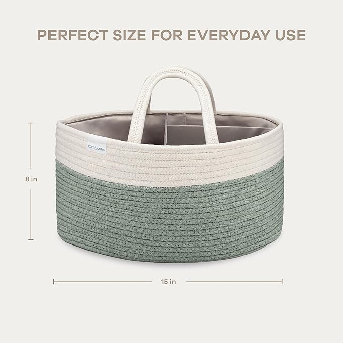 Comfy Cubs Rope Diaper Caddy Organizer 8.5" x 15" x 8" - Large Baby Diaper Basket with 3 Spacious Compartments - Stylish Cotton Baby Caddy Organizer for Diapers, Wipes & Essentials - Sage