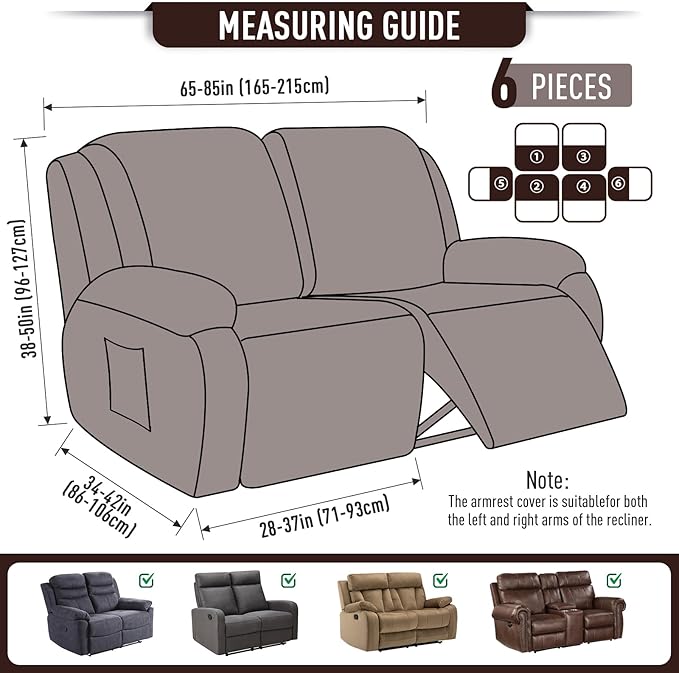 TAOCOCO Recliner Loveseat Slipcover, 6 Pieces Dual Recliner Sofa Covers for 2 Seat Dual Reclining Loveseat Couch, Stretch Soft Jacquard Pattern Furniture Protector with Elasticity (2XL, Dark Coffee)