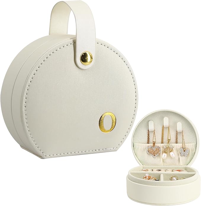 COLLECTIVE HOME - Travel Jewelry Case, Elegant Half-Moon Design with Gold Monogram, Detachable Handle, Personalized Accessory Organizer, Gift for Fashion-Forward Women and Teens (o)
