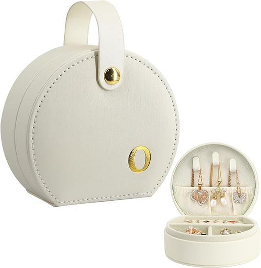 COLLECTIVE HOME - Travel Jewelry Case, Elegant Half-Moon Design with Gold Monogram, Detachable Handle, Personalized Accessory Organizer, Gift for Fashion-Forward Women and Teens (o)