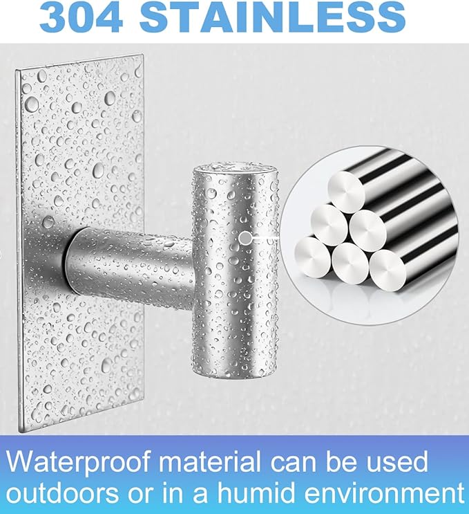 5 Pcs Towel Hooks Heavy Duty for Hanging，Adhesive Wall Hooks with Removable Strips，Sticky No Damage，Outdoor for Bathrooms，Shower，Stockings，Decor，Robe，X-Large，Silver 304 Stainless Steel