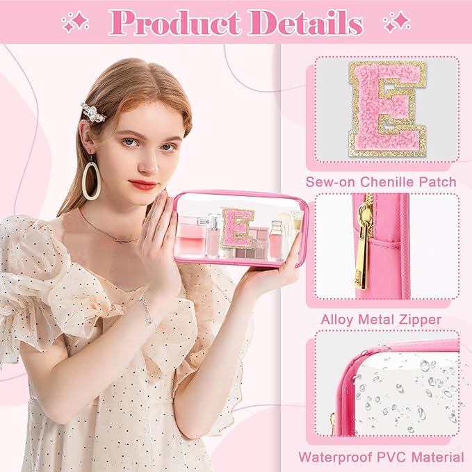 Personalized Initial Letter Clear Makeup Bag,Preppy Small Nylon&PVC Cosmetic Zipper Bag with Chenille Letter,Portable Beach Travel Skincare Toiletry Bag,Trendy Monogram Gift for Teen Girls Women,E