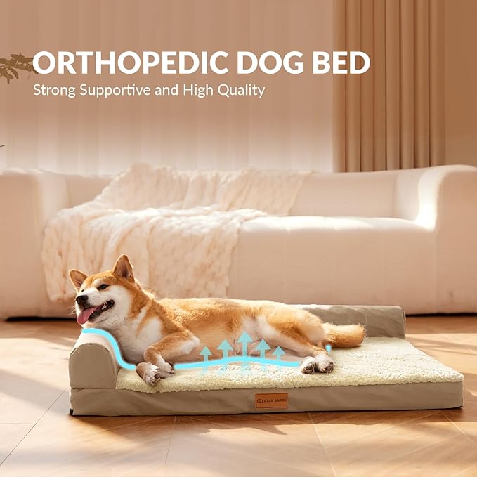 Patas Lague Orthopedic XL Dog Bed Large Sized Dog 42''X28'', Waterproof L Bolster Big Large Pet Sofa Beds with Removable Washable Cover, Soft Pet Couch Crate Mat with Nonskid Bottom, Beige