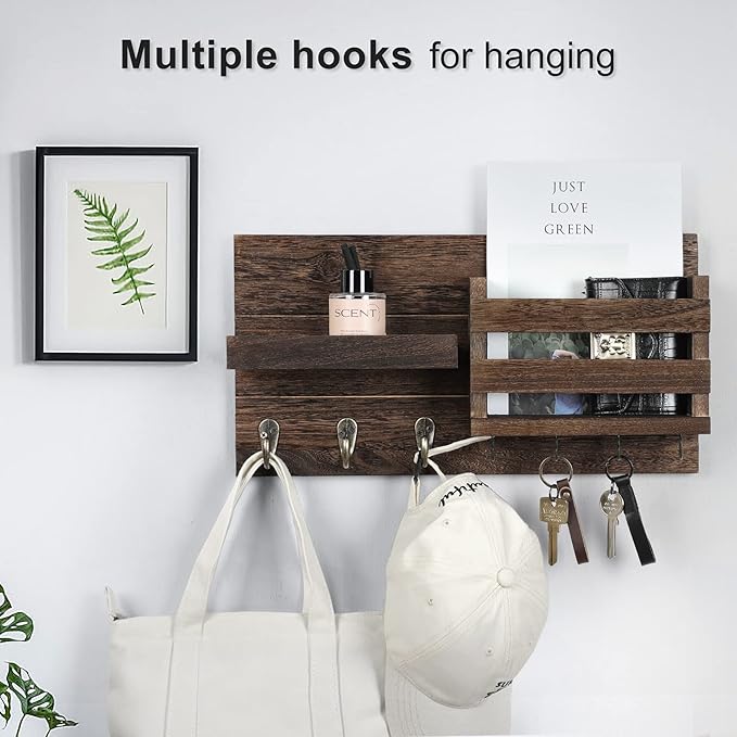 Lwenki Mail Organizer for Wall Mount – Key Holder with Shelf Includes Letter Holder and Hooks for Coats, Dog Leashes – Rustic Wood with Flush Mounting Hardware (16.5” x 8.7” x 3.5”)