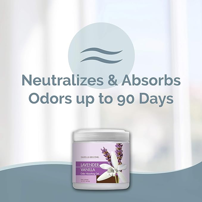 SMELLS BEGONE Air Freshener Odor Absorber Gel - 15 oz, Pack of 2 - Absorbs and Eliminates Odor in Pet Areas, Bathrooms, Cars, & Boats - Made with Essential Oils - Lavender Vanilla Scent