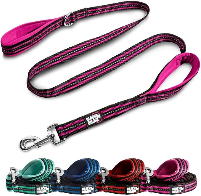 Black Rhino Heavy Duty Dog Leash for Medium and Large Dogs - 5 ft Long Double Handle Dog Leash with Padded Traffic Control Handles - Reflective, Durable, and Weather Resistant (Pink and Black)