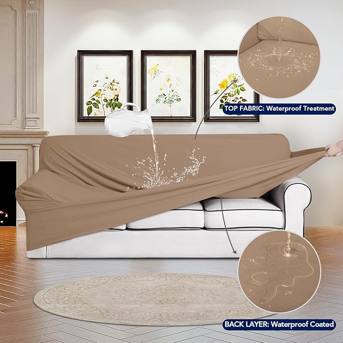 PureFit 100% Dual Waterproof Couch Cover Slipcovers for Couches and Sofas - Stretch Non Slip Fleece Sofa Covers Washable, Leakproof Furniture Protector for Kids, Pets, Dog (Oversized Sofa, Camel)