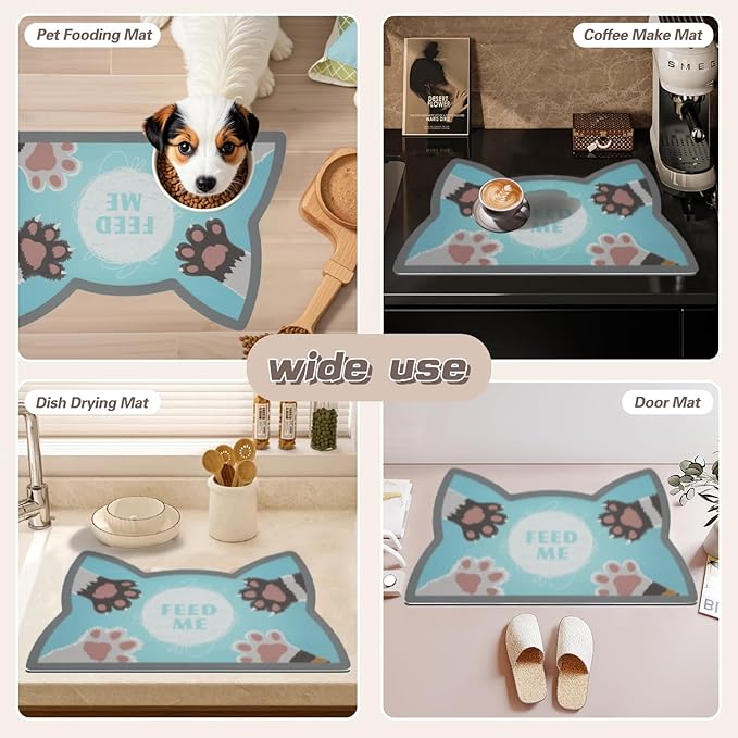 Le couranT Cat Food Plastic Placemat for Dog Food, Feeding Mat, Dog Cat Bowl,Non-Slip Super Absorbent,Quick Dry, Accessories Pet Supplies.Backing Pet mat for Messy Drinkers. Cat Heads-16x24 in