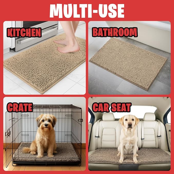 MudGuard Mat™ Dog Door Mat for Muddy Paws, Super Absorbent Microfiber, Non-Slip Indoor Mat, Quick Dry Chenille Mud Mat for Dogs & Entryway, Washable, Beige 24" x 60"