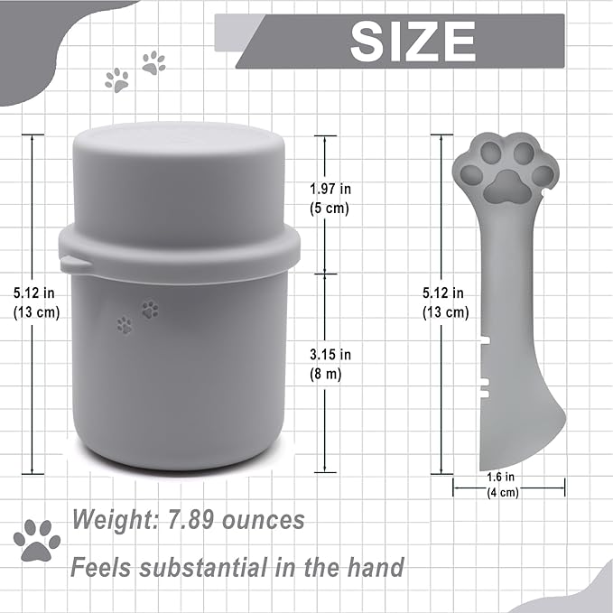 Original Canned Dog Food Storage Container & One Can Spoon | Silicone Can Cover Pet Food Sealer & Cute Paw Shape Opener Spatula | BPA Free, Airtight, Dishwasher & Freezer Safe (Grey+Dark Blue)