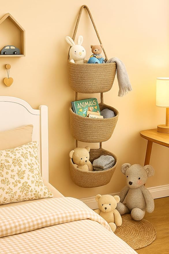 Japanese Handmade Cotton Rope Hanging Basket Organizer – 3 Tier Wall boho Storage Organizer for Toys , Snacks & Décor – Eco-Friendly Coiled Weaving Craft, Housewarming & Shower Gift (brown)