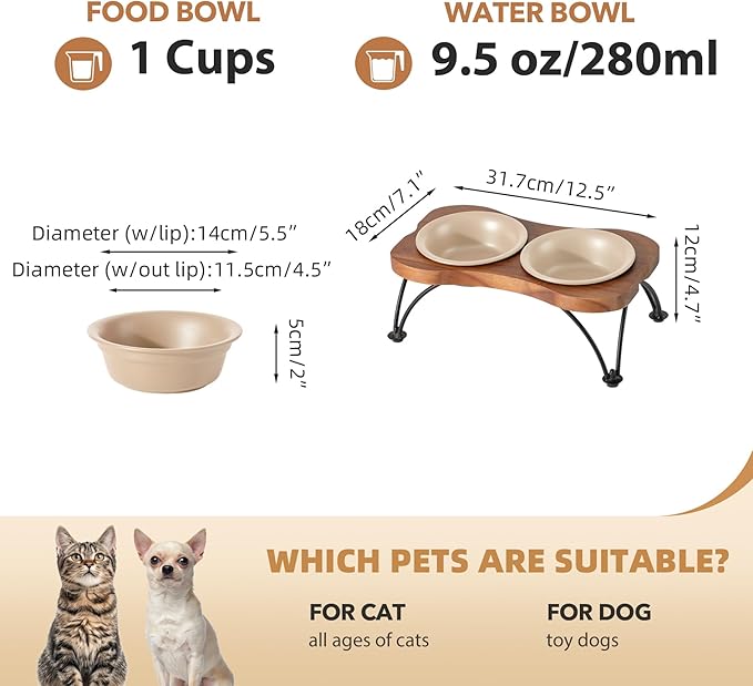 Ceramic 5.5-inch Raised Double-Bowl Set with Non-Slip Stand, 1 Cup Food or 9.5oz Water Dishes for Puppies and Cats, Wide Opening with Rounded Edges(Oat Beige)