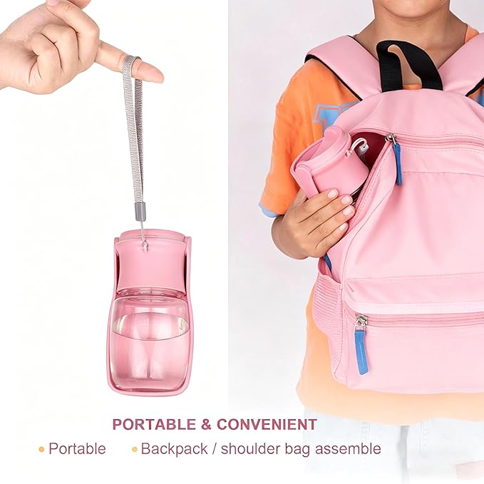 Foldable Dog Water Bottle, 2in1 Portable Leak Proof Puppy Drinking Bottle Dispenser for Puppy Small Medium Large Dogs, Dishwasher Safe Pet Accessories for Outdoor Traveling (Pink,12oz)