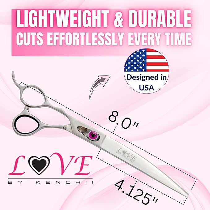 Kenchii Love Left Handed Dog Grooming Scissors, 8 Inch Curved Shears, Dog Scissors for Grooming, Professional Pet Grooming Scissors, Ergonomic & Comfortable