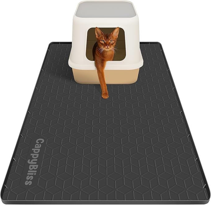 Large Cat Mat for Litter Box, 34"x22" Waterproof Silicone Mat with Litter Trapping, Easy Clean & Non-Slip Floor Pad for Indoor Cats, Black