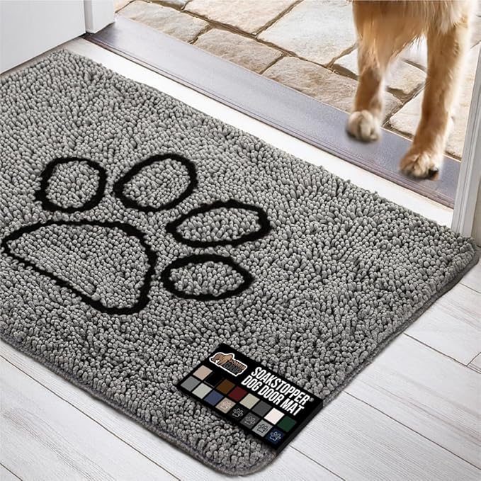 GORILLA GRIP SOAKSTOPPER Dog Door Mat, 30x18 Machine Washable Rug Absorbent Doormat Captures Moisture Mud Dirt, Quick Dry Soft Chenille Entryway Rugs Indoor Entrance Mats for Dog Paws, Paw Gray