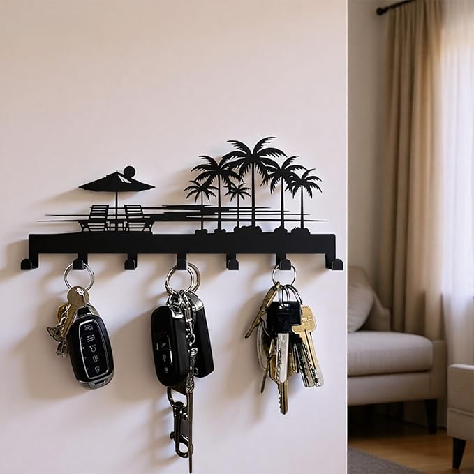 Bench Key Holder for Wall,Setting Sun and Coconut Trees Key Hooks Wall Mount Whith 7 Hooks,Tropical Style Key Hanger Wall Decor for Front Door,Hallway,Entryway,Office