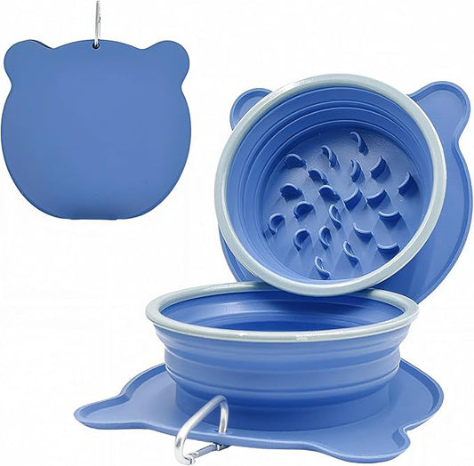 Collapsible Dog Bowls, 2-in-1 Silicone Pet Food and Water Bowl with Carabiner - Portable Double Compartment Travel Dish for Dogs, Ideal for Camping, Hiking, Car Rides, Puppy Essentials (Blue)