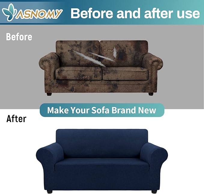 Asnomy Sofa Covers for 2 Cushion Couch Stretch loveseat Covers Slipcovers, Pet Protector Furniture Covers for Dogs Cats Spandex Jacquard Fabric Small Checks （Medium， Navy Blue）