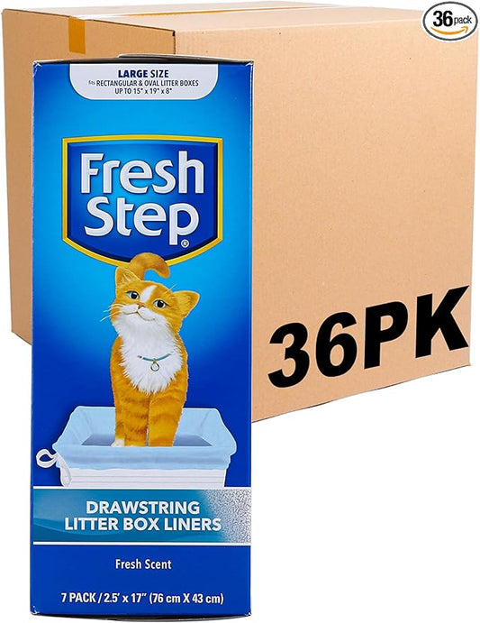 Fresh Step Drawstring Cat Litter Box Liners, Scented Heavy Duty Kitty Litter Bags for Large Oval or Rectangle Pans, Helps Contain Odor and Mess, Easy Lift Out Cleanup, 30 x 17 in, 7 Count - 36 Pack