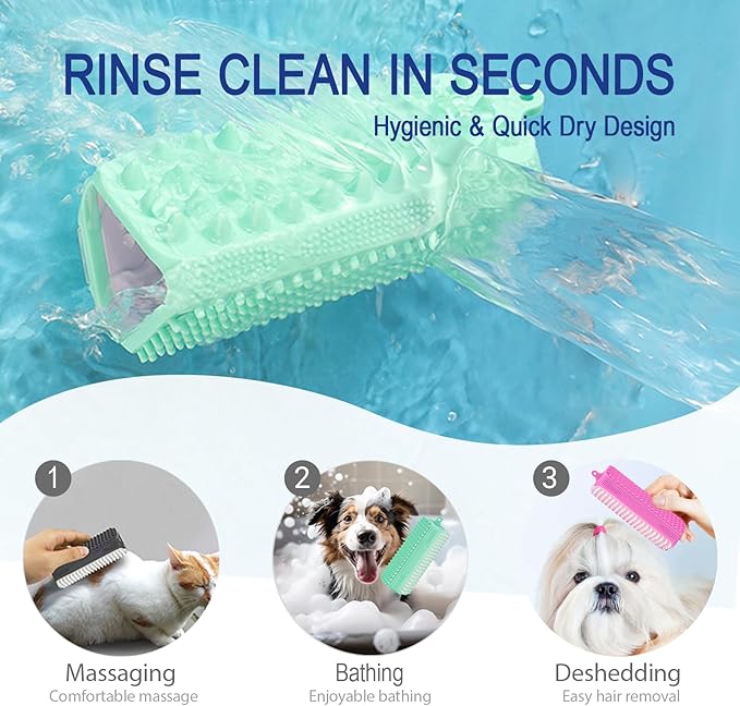 3-in-1 Pet Grooming & Bath Brush for Dogs and Cats, Triple-Sided Design with Cone Massage Tips, Long Self-Cleaning Deshedding Nubs, Short Bathing Nubs, Soft Silicone Brush with Hanging Loop, Gray