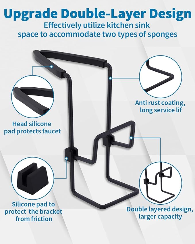 Sink Sponge Holder - Metal Kitchen Sink Faucet Organizer for Sponges, Brushes and Cleaning Tools, Faucet Sponge Holder Hanging Fix Around Faucet (Black)