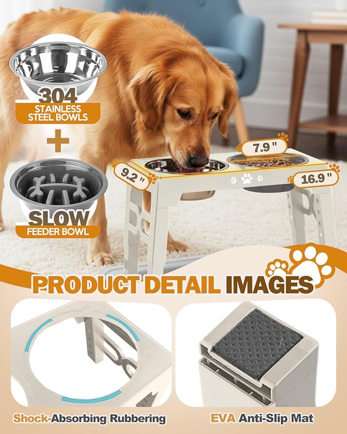 Jovrun Elevated Dog Bowls, Dog Feeder with Stainless Steel Dishes & Slow Feeder Bowl, 5 Heights Adjustable Raised Stand for Medium Large, Food Dishes with Non-Slip Feet