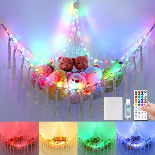 Stuffed Animal Hammock 75LEDs, 20 Colors Warm White 55in Extra Large Storage Macrame Hammock with Remote, USB Powered Hanging Plush Animal Net for Kids Bedroom Doll Room Corner Organizer(XL)